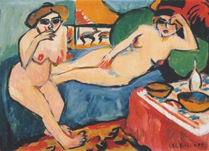 Two Nudes on Blue Sofa